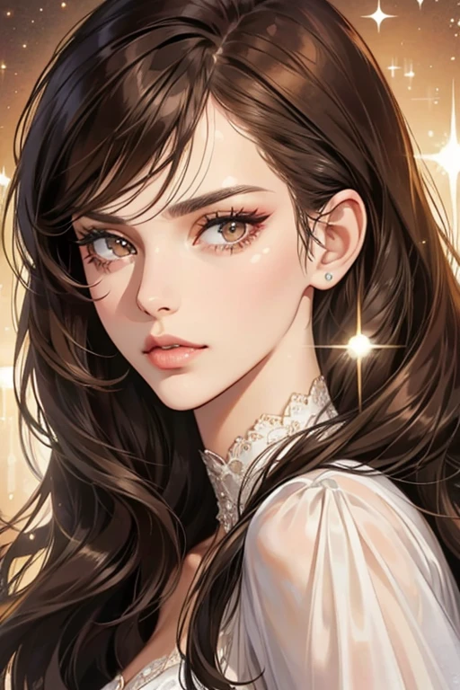 Barbara is a tall woman with a long face and strongly defined cheekbones. She has dark brown eyes and short, dark brown hair with bangs that she combs to the left side. Her lashes are thick and strongly defined, accentuating the woman's full eyes.  SPARKLE; GLITTER