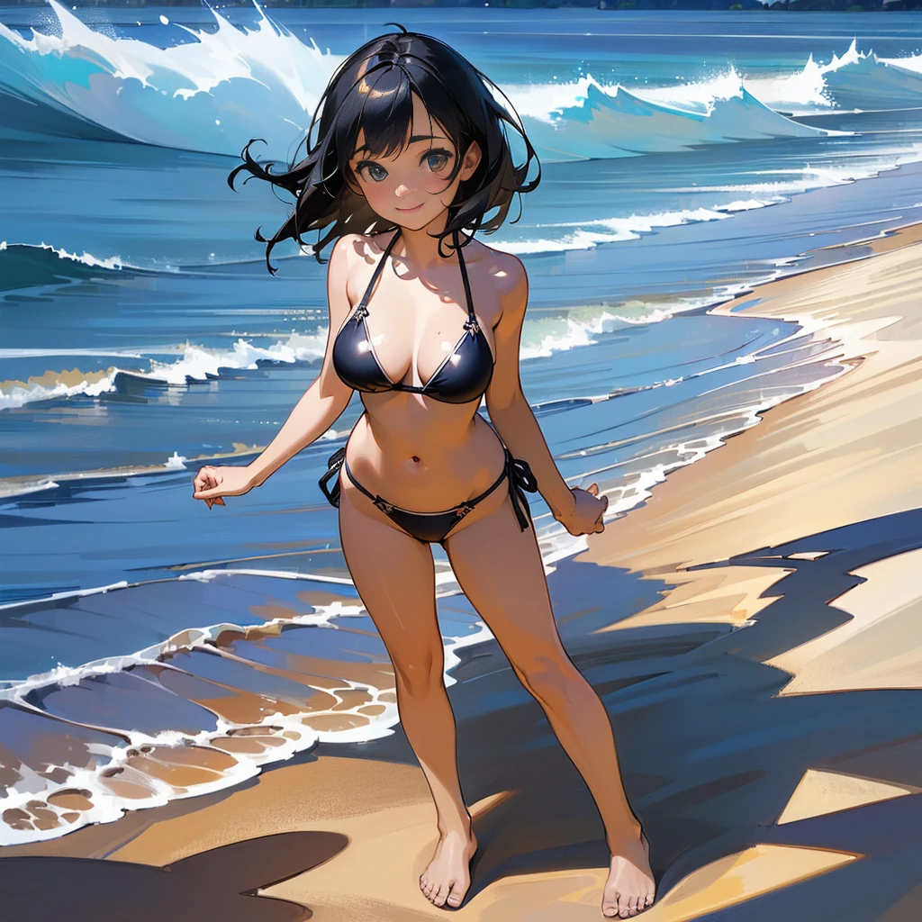 (high quality, High resolution, Very detailed, reality:1.37), Peaceful atmosphere, (Sandy Beach), Teenage girl standing alone, (my breasts are big.), Beautiful details, Cute Smile, (Black bob hair), Bikini Swimwear, barefoot.