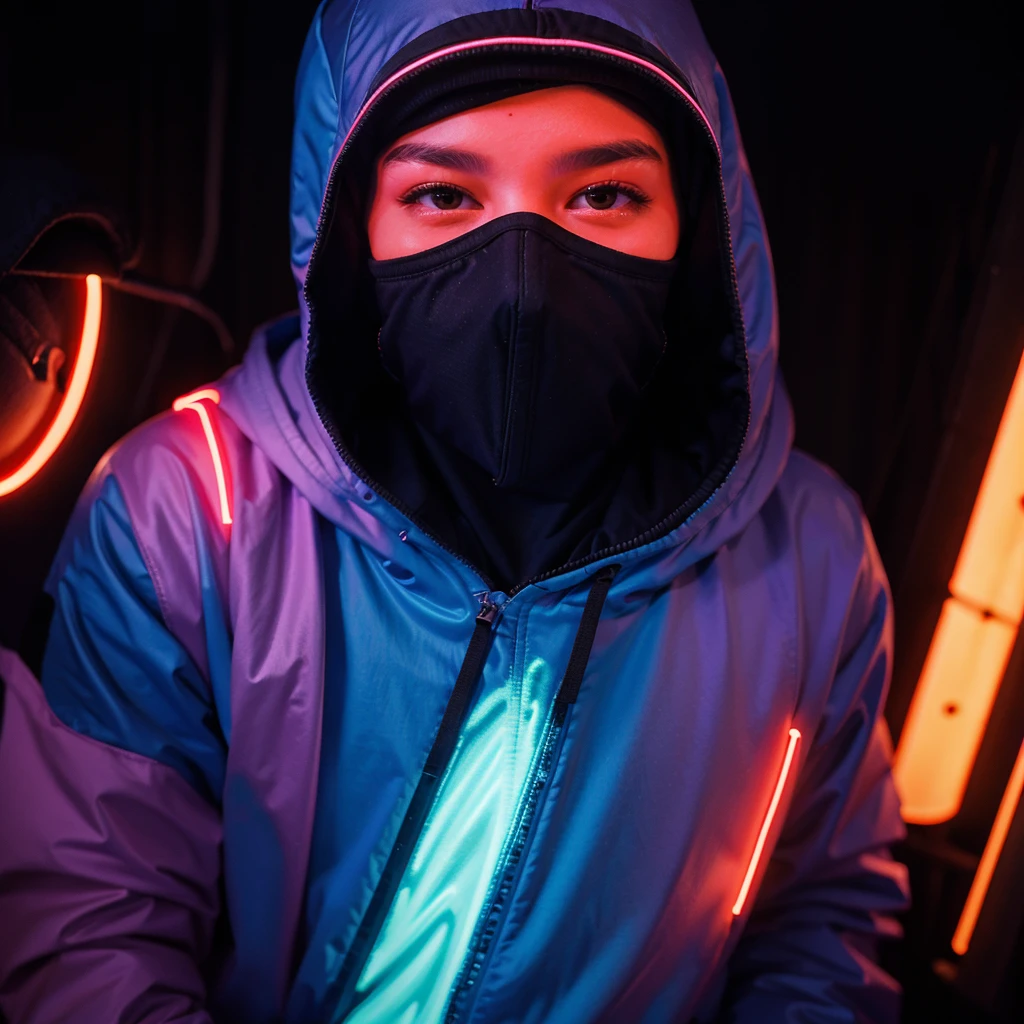 five masked hooded young men color coridor neon liminal space cold light tamisé