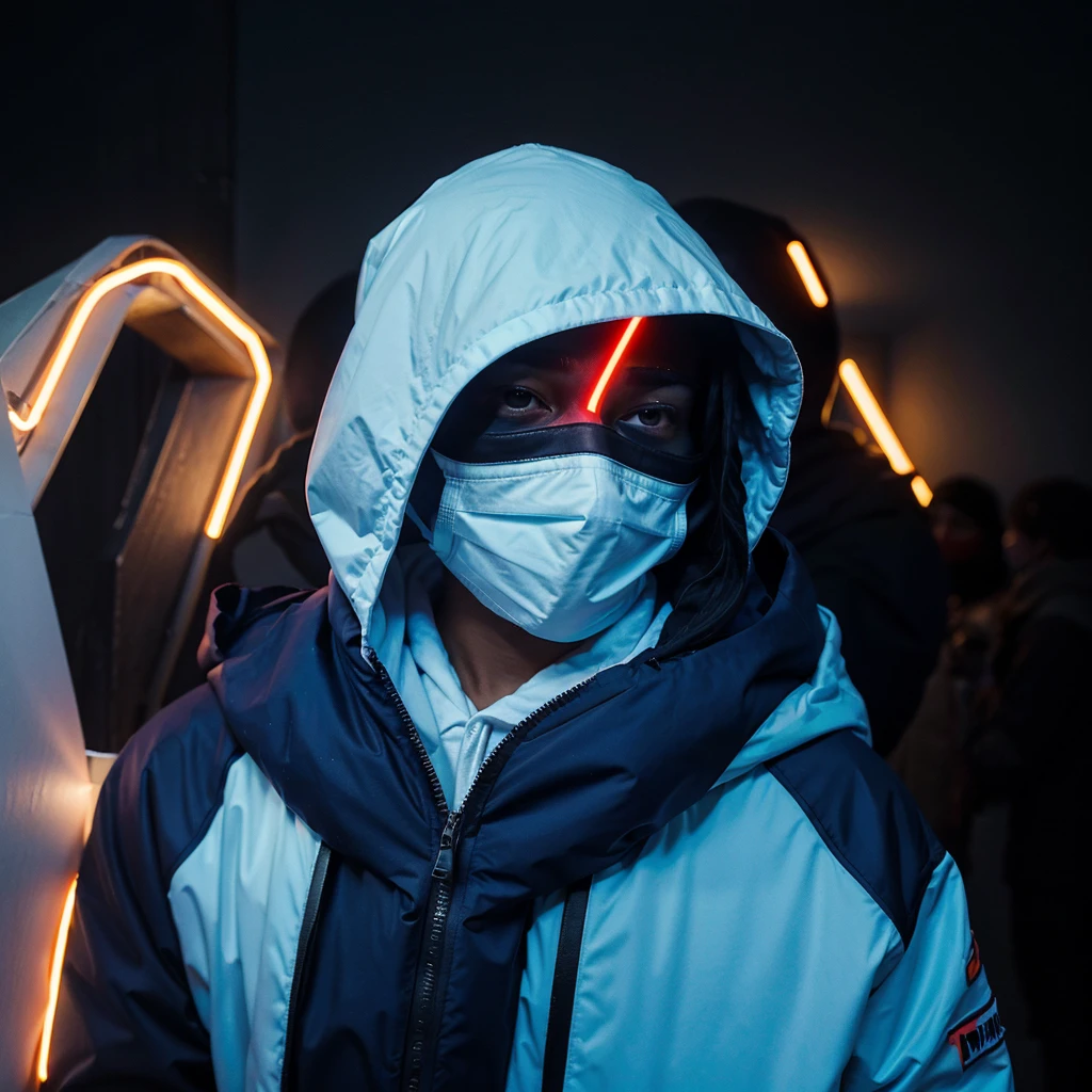 five masked hooded young men color coridor neon liminal space cold light tamisé