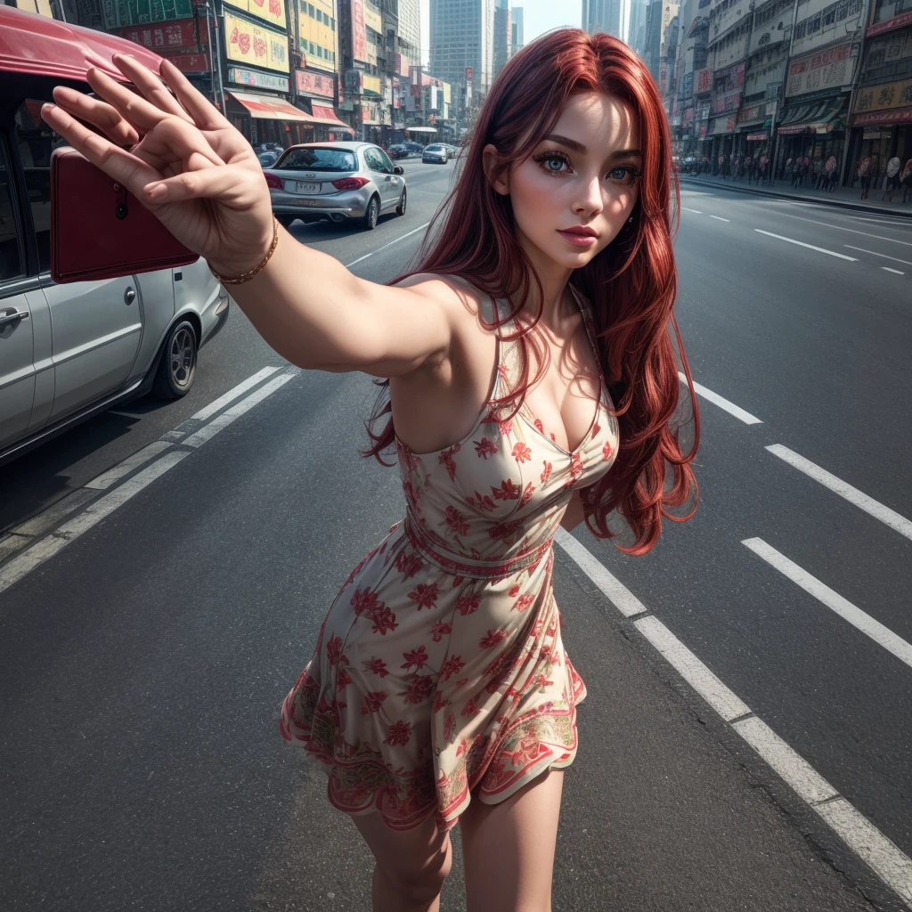 1girl, beautiful girl, beautiful detailed eyes, beautiful detailed lips, extremely detailed eyes and face,  foxy eyes,long eyelashes, fit ahtletic slim body, 28 years old, 172 centimeters, red hair, stort summer dress, green eyes, pose for selfie, standing, at the street of Hongkong, influencer, photoshoots,full body, (best quality,4k,8k,highres,masterpiece:1.2),ultra-detailed,(realistic,photorealistic,photo-realistic:1.37), studio lighting, vivid colors, professional photography