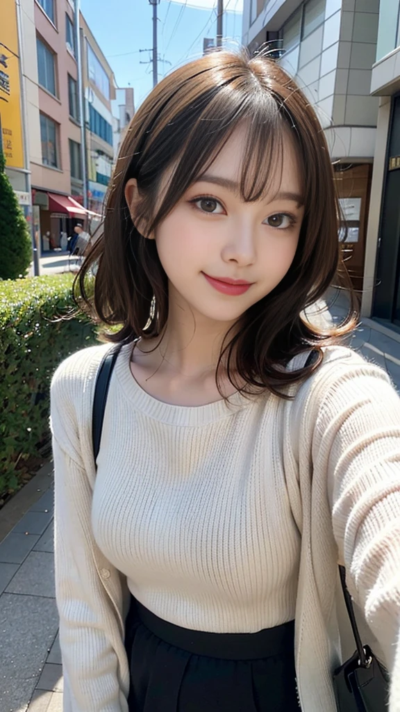 masutepiece, Best Quality, Illustration, Ultra-detailed, finely detail, hight resolution, 8K Wallpaper, Perfect dynamic composition, Beautiful detailed eyes, Winter casual wear,Medium Hair,Small breasts natural color lip, Bold sexy poses,Smile,Harajuku、20 years girl、Cute、Sexy shot looking at camera