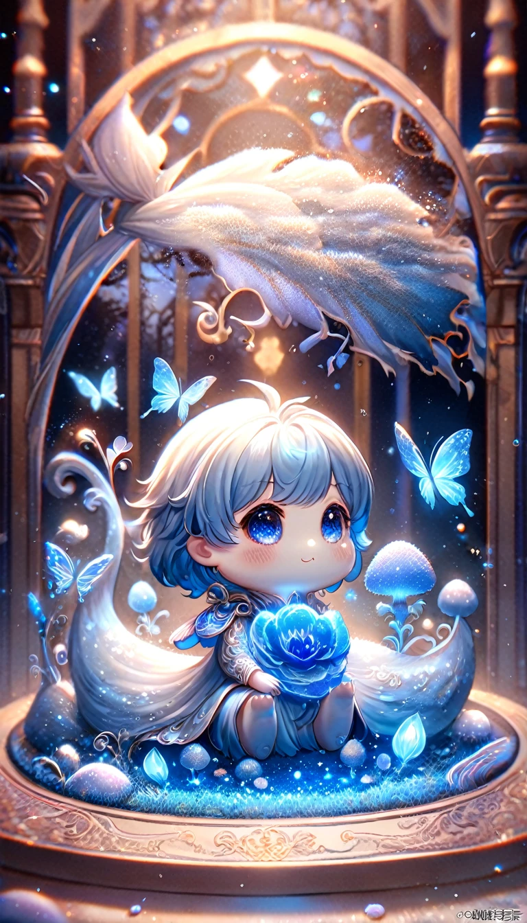 absurdres, highres, ultra detailed, HDR, master piece, best quality, extremely detailed, cute blue mushroom with face, cute, small, solo, magical, fantasy, magic, blue forest, glittering, blue butterflies, blue petals, blue flowers