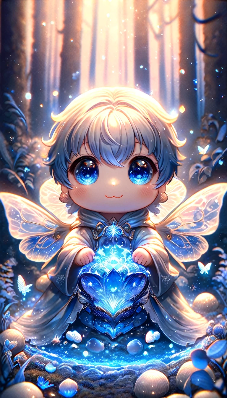 absurdres, highres, ultra detailed, HDR, master piece, best quality, extremely detailed, cute blue mushroom with face, cute, small, solo, magical, fantasy, magic, blue forest, glittering, blue butterflies, blue petals, blue flowers