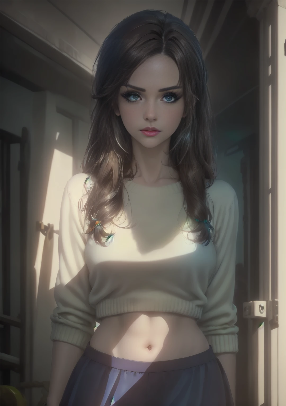 a young woman with dark brown hair, beautiful detailed green and blue eyes with central heterochromia, white sweater, black skirt, pantyhose, high quality, masterpiece, ultra-detailed, realistic, photorealistic, physically-based rendering, vivid colors, studio lighting, sharp focus, professional photography, solo, upperbody, simple background, tan skin
