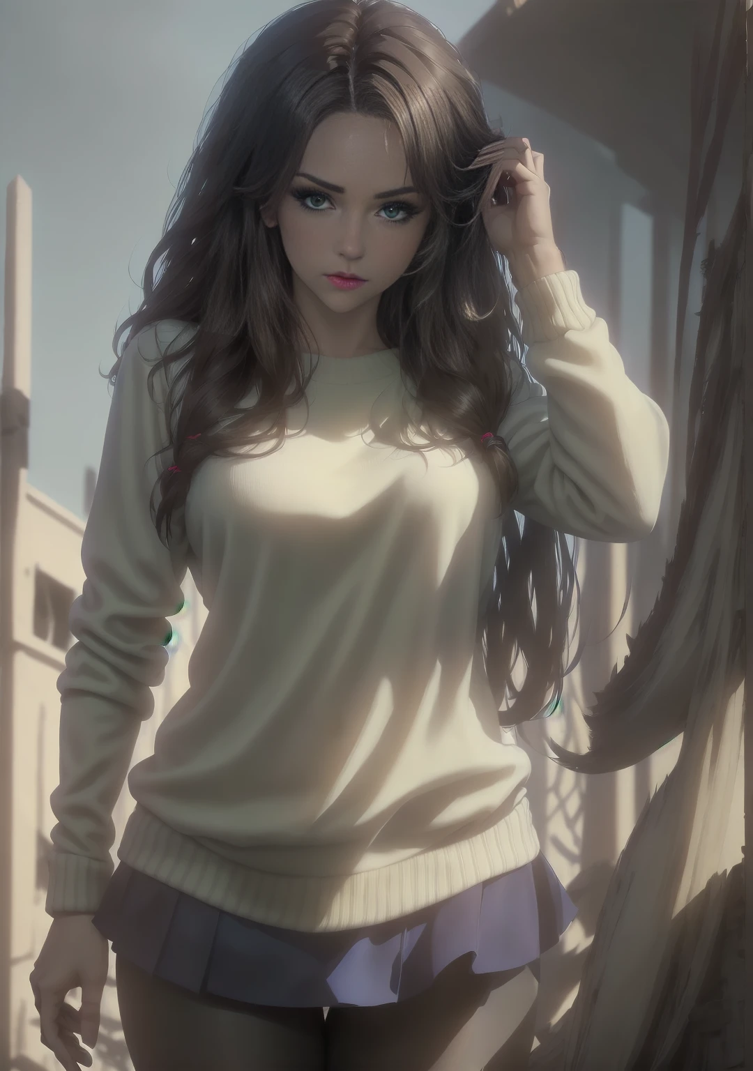 a young woman with dark brown hair, beautiful detailed green and blue eyes with central heterochromia, white sweater, black skirt, pantyhose, high quality, masterpiece, ultra-detailed, realistic, photorealistic, physically-based rendering, vivid colors, studio lighting, sharp focus, professional photography, solo, upperbody, simple background, tan skin