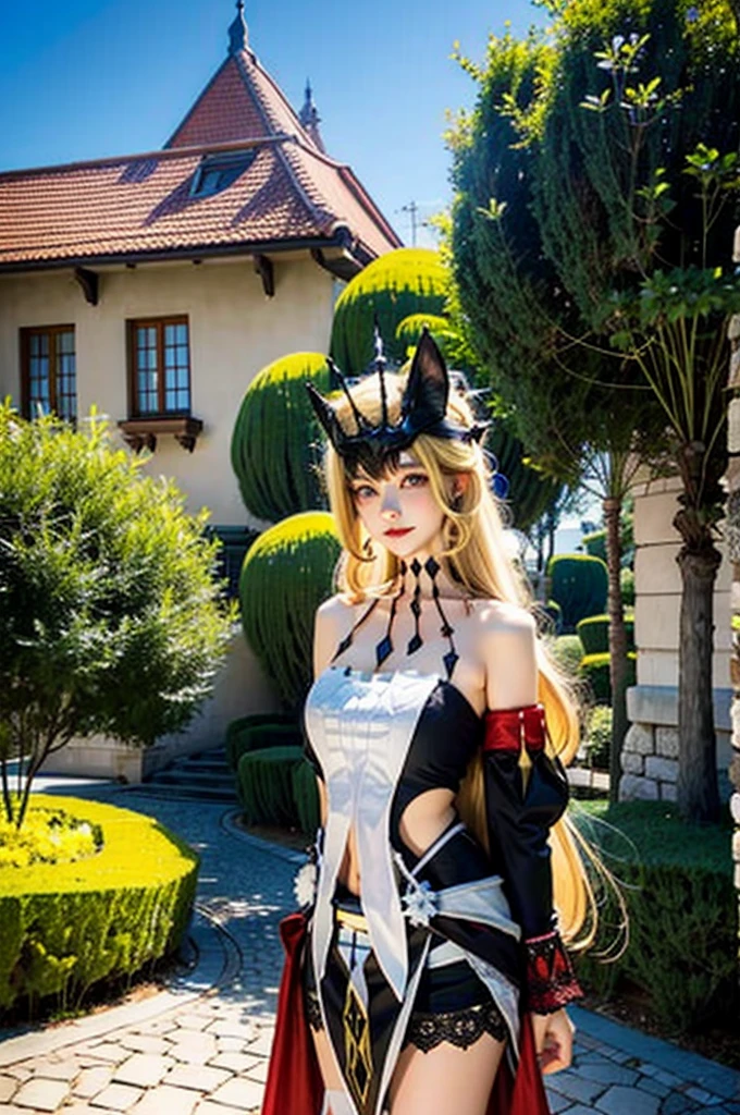 Kirara_genshin, beautiful face, sweet girl, headdress, cat ears, blonde long hair, green eyes, separated sleeves, Kirara's upshirt, upper cutout, navel, Kirara's short skirt, two cat tails, upper body, standing, looking at viewer, outdoors, European Town, European-style houses, (castle), At noon, market price, sunlight,