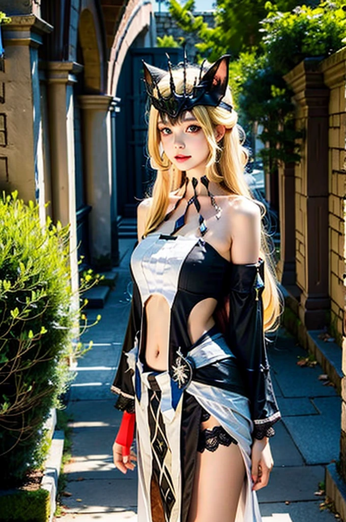Kirara_genshin, beautiful face, sweet girl, headdress, cat ears, blonde long hair, green eyes, separated sleeves, Kirara's upshirt, upper cutout, navel, Kirara's short skirt, two cat tails, upper body, standing, looking at viewer, outdoors, European Town, European-style houses, (castle), At noon, market price, sunlight,