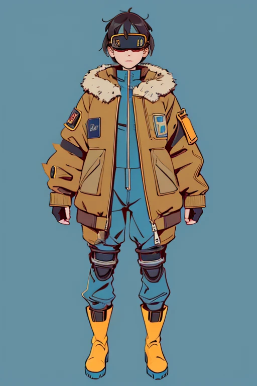 full body image, (ultra detailed,ultra high res,detailed background),((2D)),((flat color)),((muted color)), 1solo, looking at viewer, baggy flight suit, large shearling collared bomber jacket, (big yellow galoshes), plush collar, full body image, wearing vr goggles, ((smokey blue intricut background)), ((apocalyptic city)), entire body in frame, drone next to her