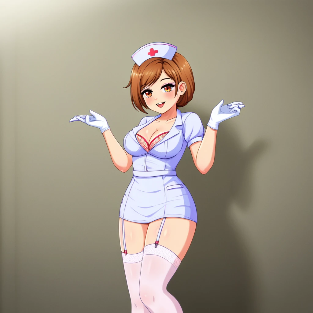 In a dimly lit hospital room, a sultry young female nurse stands out against the somber backdrop. Dressed in lacy lingerie, thigh-high stockings, and a nurse's cap, she exudes seductive mystery. Soft, warm glow illuminates her low-cut pink top showcasing ample cleavage, while white gloves add sophistication. Her gaze invites the viewer to step into her world. Ornate medical equipment and eerie shadows hint at gothic horror elements in the background. The nurse's cap and white gloves nod to darker undertones, balancing provocative themes with elegance.