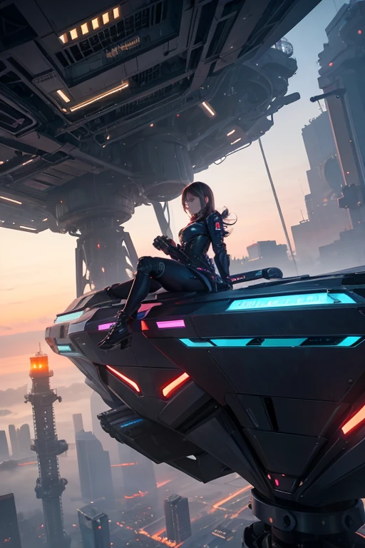A girl sits on top of a complex machinery structure in a futuristic city
