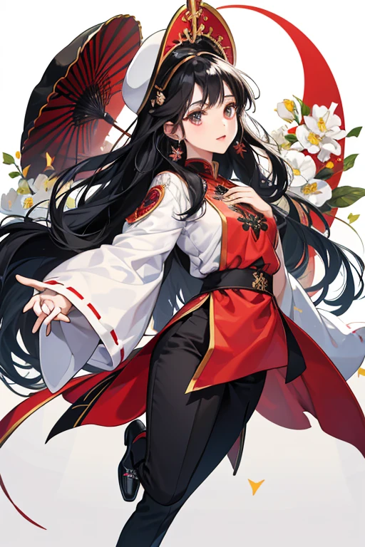 Bọ rùa had long black hair and dark eyes.She wore a white conical hat with a frontal design of a flying ladybug and flowers, and she wore the earrings. Her áo dài included a red tunic with black dots and black edges on the sleeves, collar, and flaps. The front flap of the tunic over the chest features designs of black curls connected to the black edges and a white flower button with a black center over it. Also, she wore black trousers and black shoes. SPARKLE; GLITTER