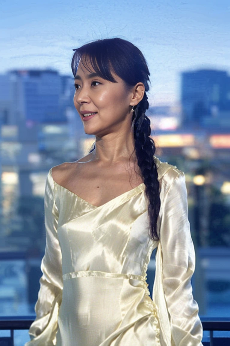 ((Highest quality, 8k, Ultra-high resolution)), ((masterpiece: 1.3)), (Perfect appearance), (Photorealism: 1.6), (1人のJapanese Mature), (60 years old, Japanese Mature), (A Japanese woman standing on a balcony looking at the night view: 1.6), (Woman profile: 1.4), (profile: 1.4), (Late Night: 1.2), ((Woman standing at the edge of the screen: 1.6)), (Stand with your elbows on the railing: 1.2), ((Realistic skin texture)), (Fine wrinkles appear all over the skin, Dullness, Unmoisturized skin, Wrinkles around the eyes, double eyelid, Lower eyelid tear sulcus, Crying Mole, Dimples), Slightly parted lips, (Short bangs), (Party Hair Set: 1.2), (A dress with a loose draped neckline), (deep neckline dress: 1.4), (A dress with a loose fit: 1.4), (long dress in white silk: 1.6), (Bust-up portrait: 1.4),