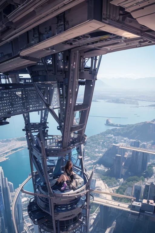 A girl sits on top of a complex machinery structure in a futuristic city
