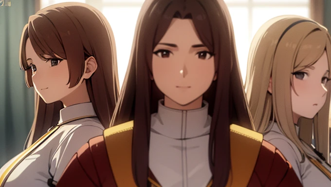 a masterpiece photo of 3 beautiful brunette sisters with long fuzzy hair, peach-brown haired sisters, different hair colors, matching hairstyles, hazel eyes, big And round bust, matching uniforms, smiling, flat color, same height, organized pose, back to back, best quality, 4k, 8k, highres, masterpiece:1.2, ultra-detailed, realistic, photorealistic, photo-realistic:1.37, HDR, UHD, studio lighting, ultra-fine painting, sharp focus, physically-based rendering, extreme detail description, professional, vivid colors, bokeh