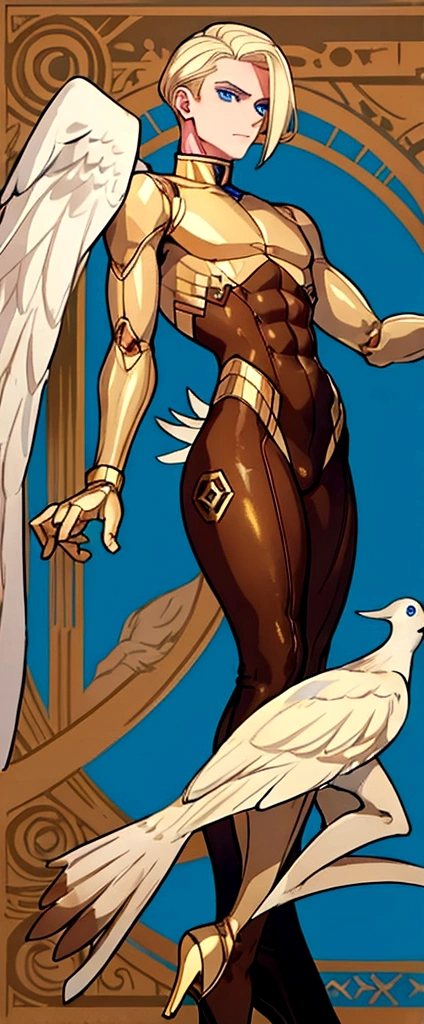 (masculine, man) (only one person) (android) (blonde hair that reaches to the heels) (blue eyes) (Slim and toned body) (wears a tight brown bodysuit with gold details) (laboratory background) (holding a bird in his hands)