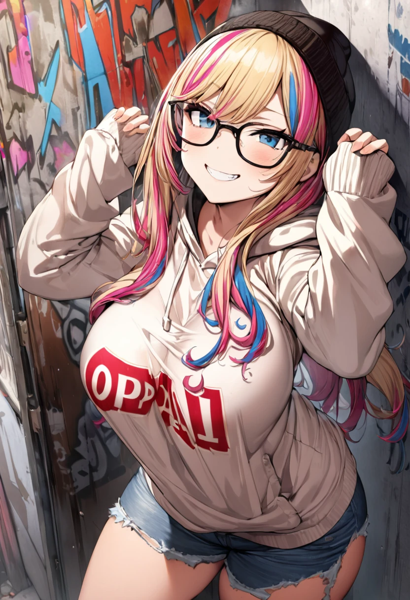 1girl, solo, blonde hair, pink hair, long hair, streaked hair, multicolored hair, blue eyes, eyeliner, glasses, black-framed eyewear, beanie, hoodie, sleeves past wrists, clothes writing, text "OPPAI", large breasts, jeans, torn jeans, thighs, looking at viewer, smug, grin, against wall, graffiti, (masterpiece), (best quality), (ultra-detailed), very aesthetic, illustration, perfect composition, intricate details, absurdres, 