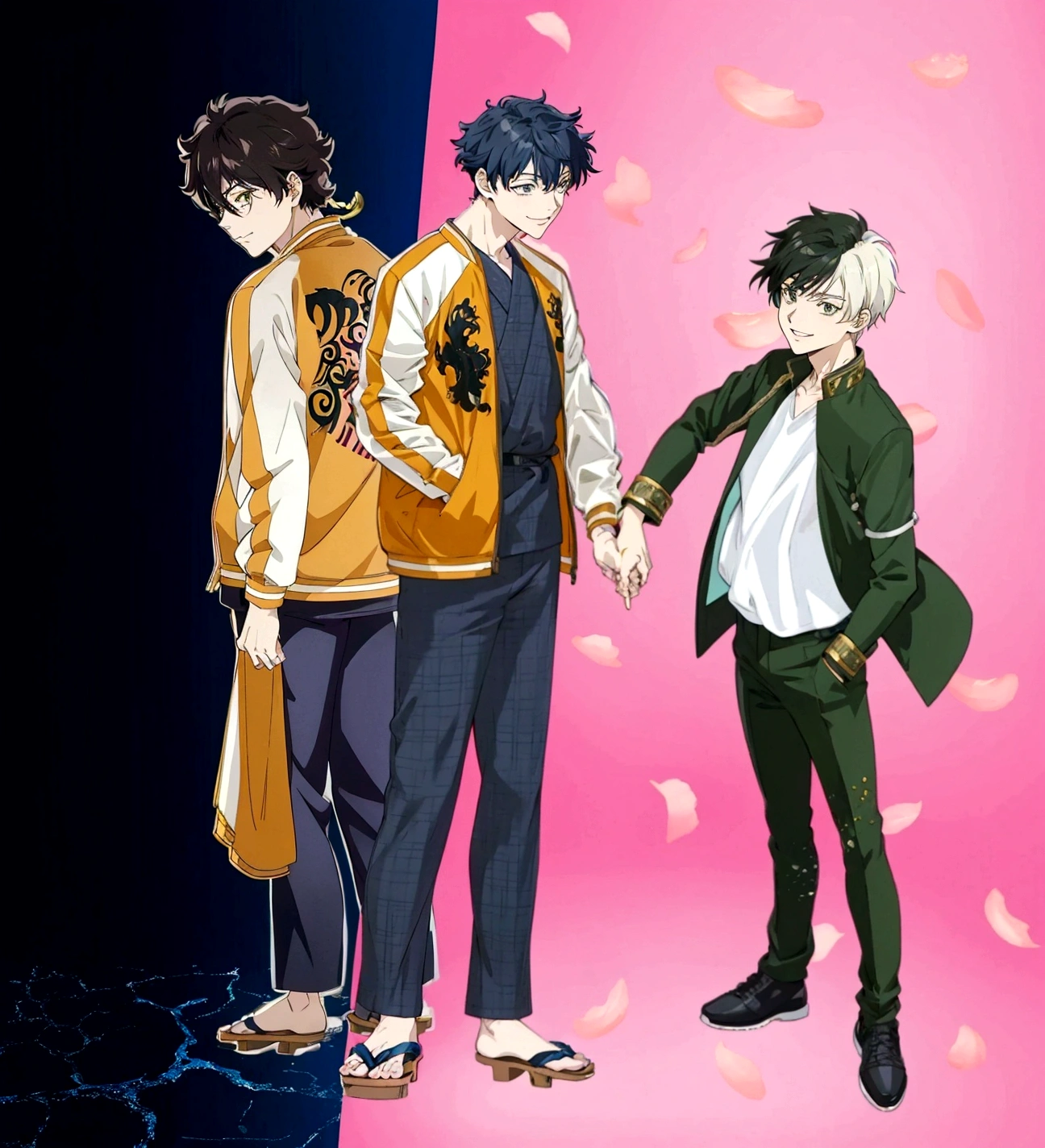 anime characters standing next to each other holding hands on a pink background, smiling official art, visual principal do anime”, bishounen, official anime still, official fanart, inspired by Okumura Masanobu, anime key visual concept, koyoharu gotouge, official anime artwork, official anime from the studio yet, official modern anime, main visuals of the anime, anime cel shaded