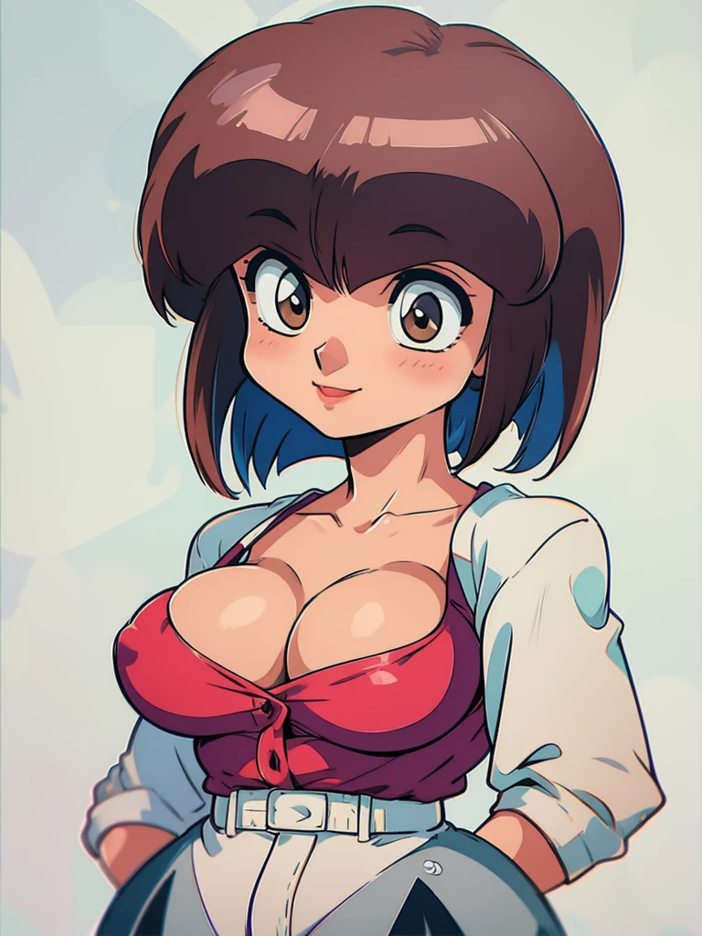 ((1girl,  TendouNabiki, white background)), upper body, anatomically correct, short hair, chibi, simple background, smile, cleavage, looking at the viewer