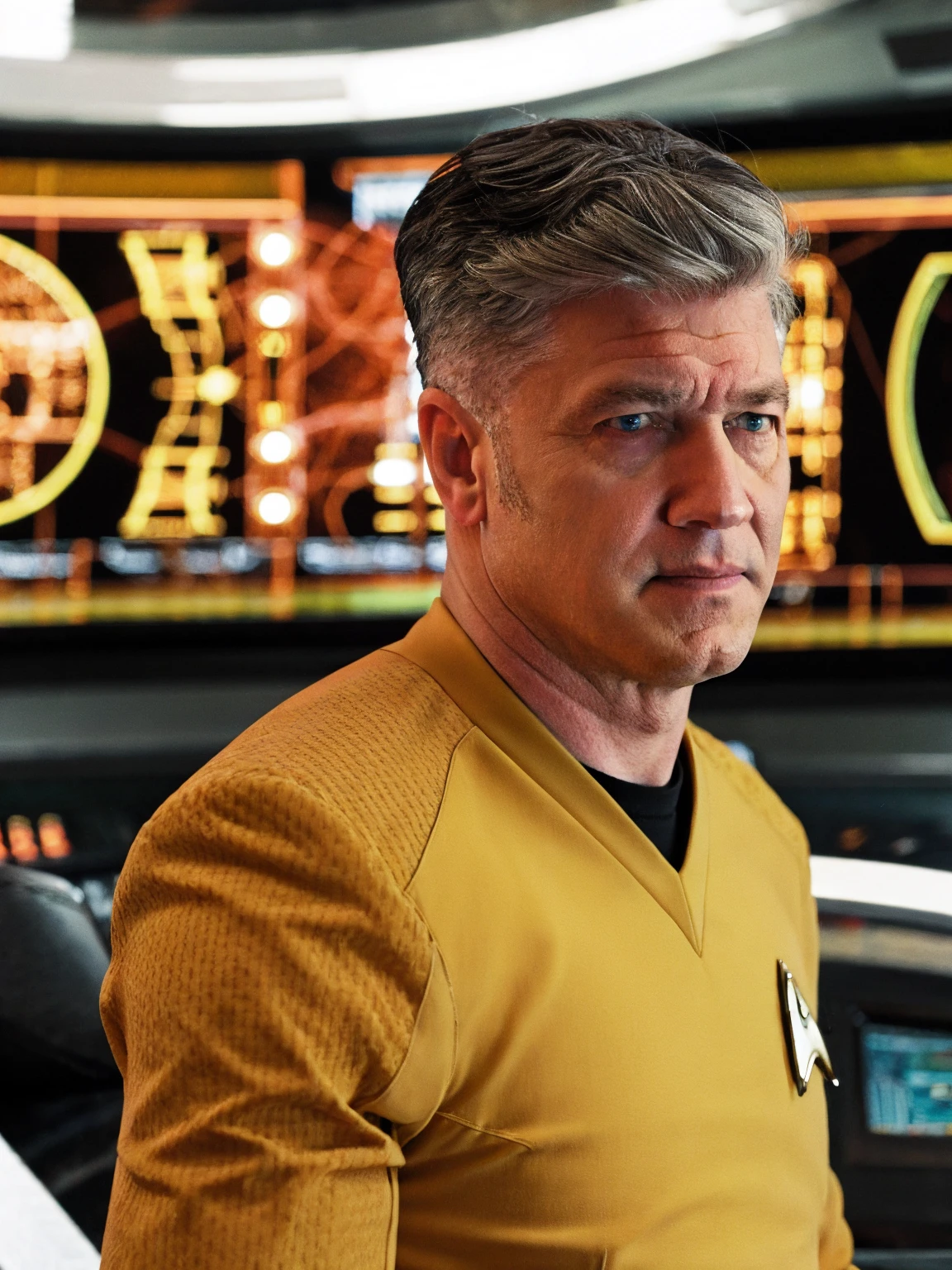 David Lynch in yellow stsnwunf uniform,on starship bridge, small smile,