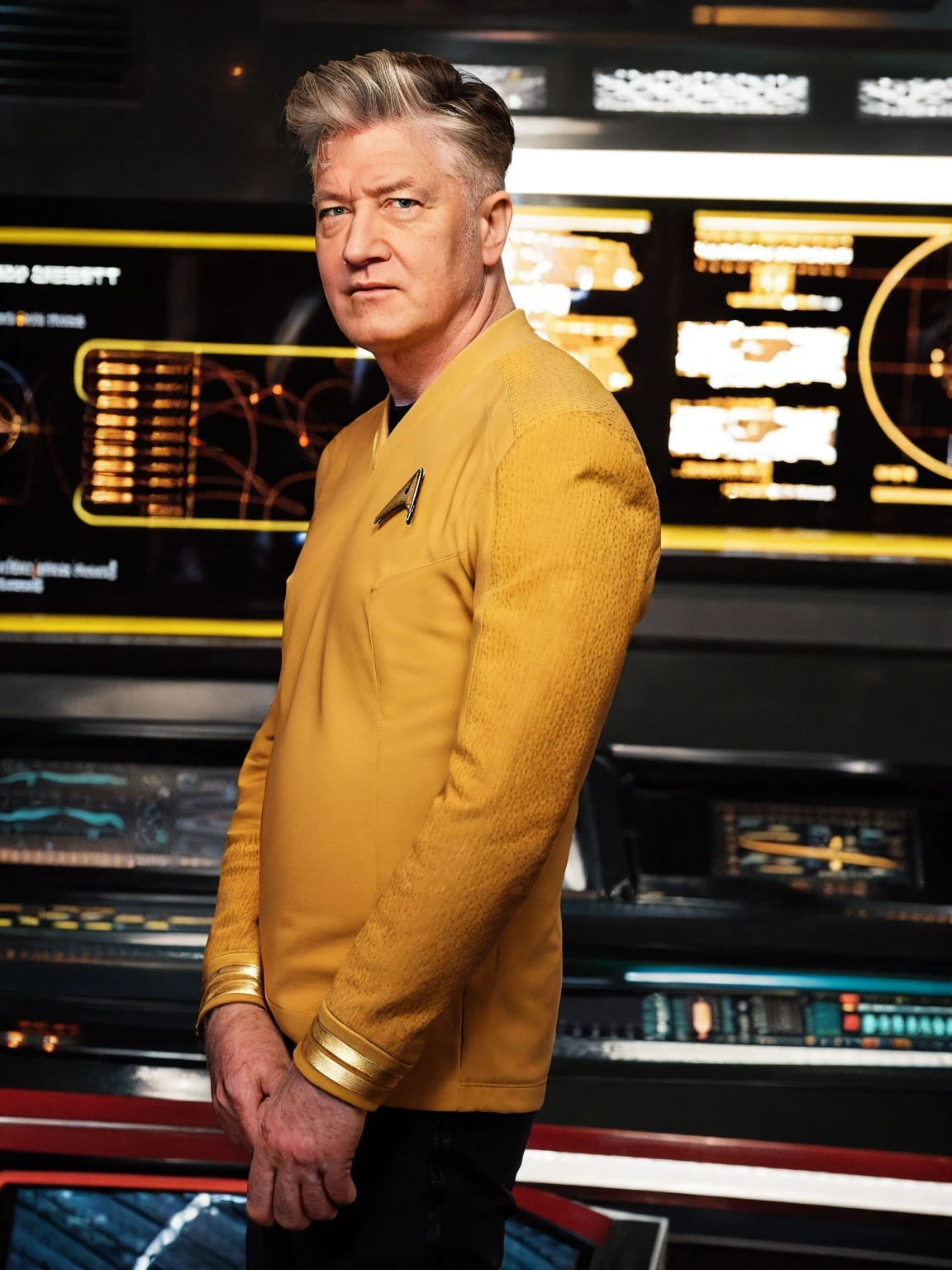 David Lynch in yellow stsnwunf uniform,on starship bridge, small smile,