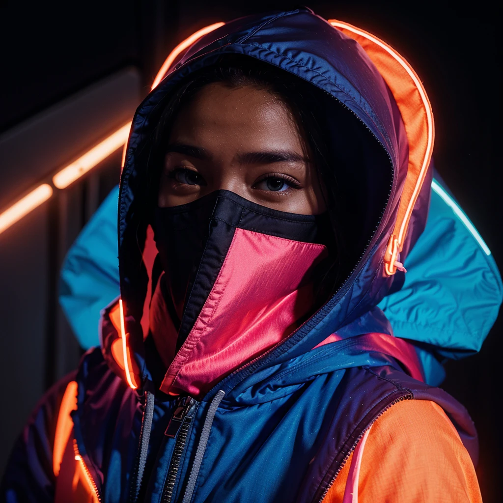 five masked hooded young men color coridor neon liminal space cold light tamisé