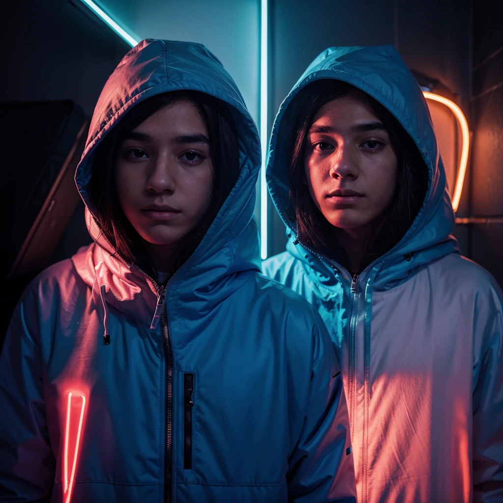 five masked hooded young men color coridor neon liminal space cold light tamisé