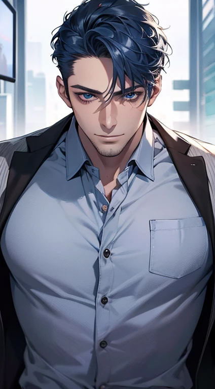 (best quality,4k,8k,highres,masterpiece:1.2),ultra-detailed,(realistic,photorealistic,photo-realistic:1.37),1 man,31 years old,mature man,very handsome,without expression,smile,short blue hair,blue eyes,penetrating gaze,perfect face without errors,imposing posture,businessman,office background,cinematic lighting,hdr image