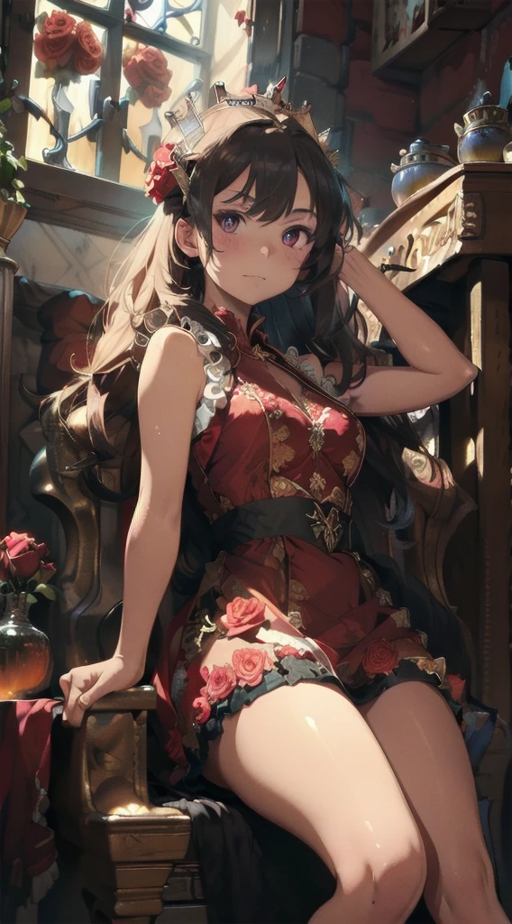 (The highest image quality, master piece:1.2), (Ultra Definition Illustration), (very beautiful matured queen:1.3), (sleeveless gorgeous queen red dress with roses:1.3), armpits, mean face, evil smile,