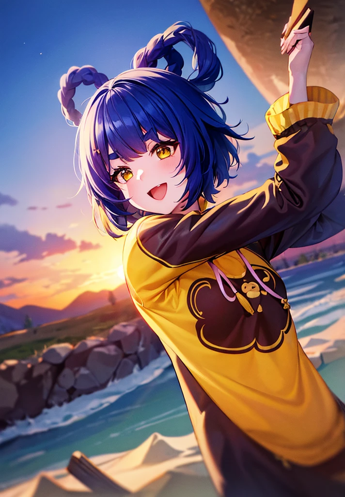 Masterpiece, Best Quality, 1 girl, Xiangling (genshin impact), selfie, SMILE, hair ornament, IN, looking at the viewer, yellow eyes, short hair, :d, fringe, hair pin, Open mouth, long sleeves, thick eyebrows, Hoodie, >_<, blue hair, puesta de sun, Casual, blurred, Arm raised, fringe romo, Upper part of the body, suno, disfraz alternatiINo, sun, reaching the viewer, Xd, sweater, outdoor, braid, panda, mountain, depth of field, sky