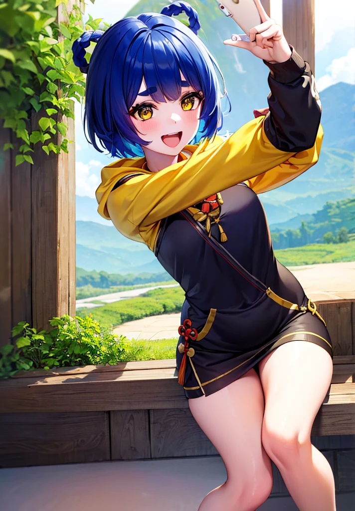 Masterpiece, Best Quality, 1 girl, Xiangling (genshin impact), selfie, SMILE, hair ornament, IN, looking at the viewer, yellow eyes, short hair, :d, fringe, hair pin, Open mouth, long sleeves, thick eyebrows, Hoodie, >_<, blue hair, puesta de sun, Casual, blurred, Arm raised, fringe romo, Upper part of the body, suno, disfraz alternatiINo, sun, reaching the viewer, Xd, sweater, outdoor, braid, panda, mountain, depth of field, sky