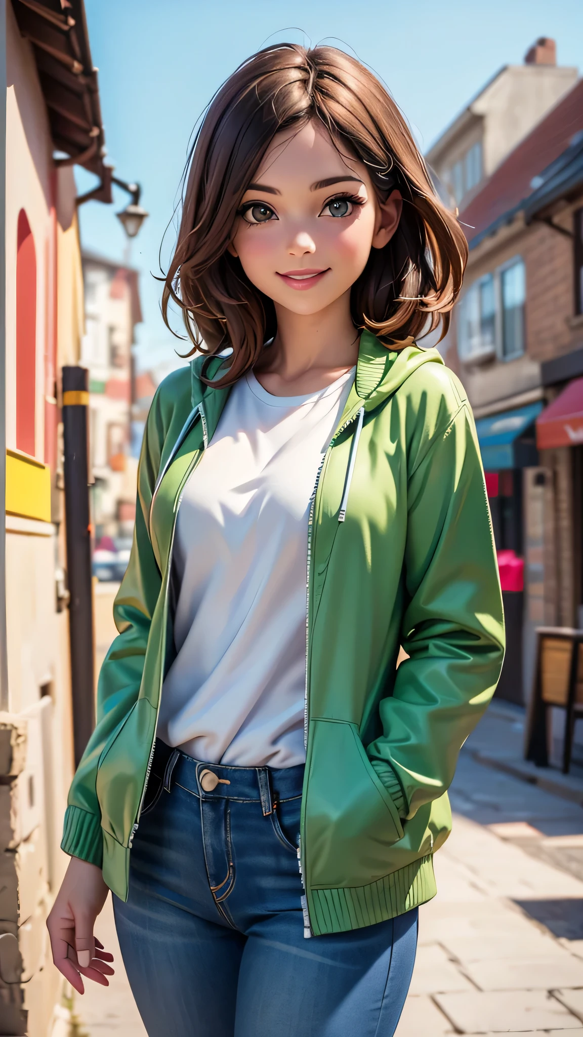 Outside the café, Sarah, wearing a green jacket over a white shirt and blue jeans, looking at someone. (best quality, 4k, 8k, highres, masterpiece:1.2), ultra-detailed, (realistic, photorealistic, photo-realistic:1.37), playful, cartoon, outdoor, cute smile, colorful, lively atmosphere).
