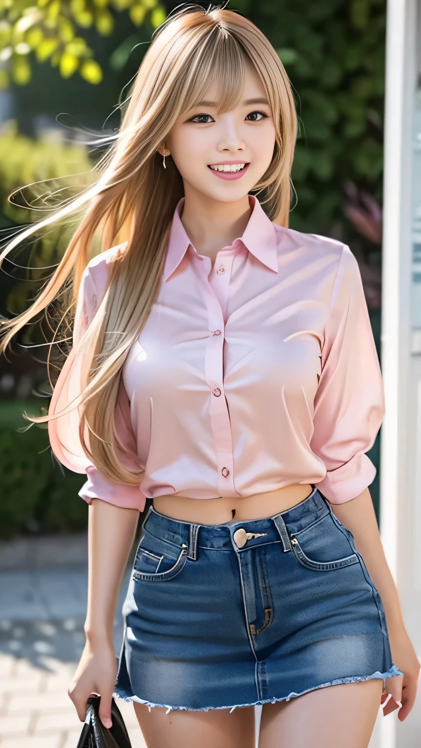 Sexy big ,13 year old beautiful girl looks sexy and cute & Cute beautiful sexy face, A strong wind blows my hair in front of my face,Beautiful super long metallic blonde ponytail hair。Her long bangs hide her beautiful, cute and sexy eyes.。、Belly button shirt、Very short pink and black checkered miniskirt、Turn around and look at me with a smile、Cute eyes hidden by long bangs、yawn、Double teeth、Reduces the appearance of nasolabial folds、