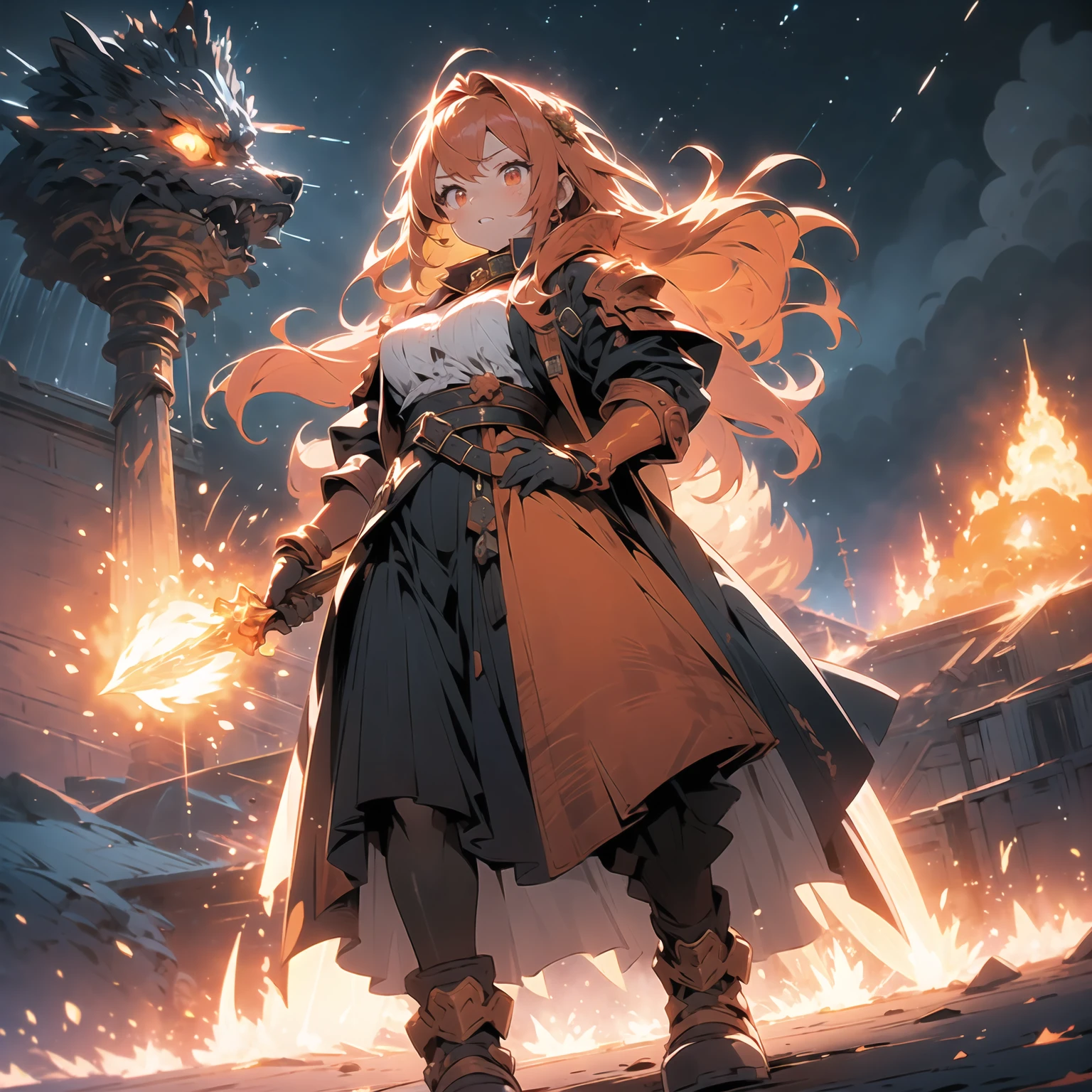 ((full body shot)) of a girl in regal, fire-themed armor with intricate gold and red details, standing in a blazing, volcanic landscape. She has long, flowing fiery red hair and intense, glowing amber eyes. Her skin has a warm, sun-kissed hue, and she is adorned with molten lava-like patterns. She holds a majestic sword engulfed in roaring flames, casting a bright, fiery light. The atmosphere is {intense|majestic}, with lava flows and embers illuminating the scene. The ground beneath her is cracked, molten earth, reflecting the intense light and adding to the fiery ambiance. Surrounding her are jagged rocks and bursts of flame in shades of {red|orange}, casting a fierce, incandescent glow. The background features towering volcanic peaks and a sky filled with ash and smoke, hinting at a powerful, fiery kingdom. The scene is dynamic and awe-inspiring, with her face showing a determined yet regal expression, her eyes focused intently on her blazing domain. [Best quality], [Masterpiece], [Ultra-detailed], [4k], {intense|majestic} atmosphere, fiery kingdom, {dynamic pose|regal pose}, blazing illumination, {soft shadows|dramatic lighting}, {reflected light on molten earth:0.7}, {jagged rocks:0.6}, {bursts of flame:0.5}, {volcanic peaks:0.4}, {ash-filled sky:0.3}.

