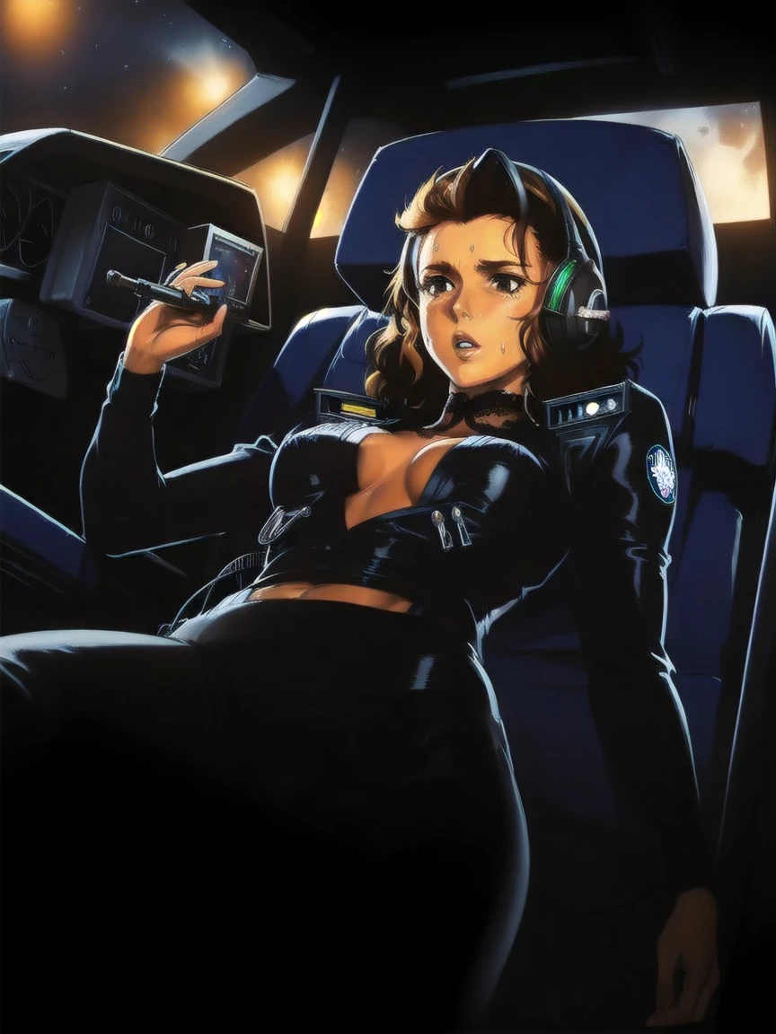 ((gothic vampire piloting in gothic spacecraft)), (((retro anime))), ((from below)), ((120 fov)), ((((gothic control panels)))), ((mature)), (((gothic))), iridescent bodysuit, ((lace accessories)), ((pilot seat)), ((((lying back)) pose)), ((elegant)), (((serious tone))), futuristic, ((cockpit top control panel)), intricate control panel details, 1990s (style), [blushing], sweat, masterpiece, ((claustrophobic)), sparkles, best quality, screens, ((pilot helmet)), ((hands on controls)), night, space, ((cockpit lights))