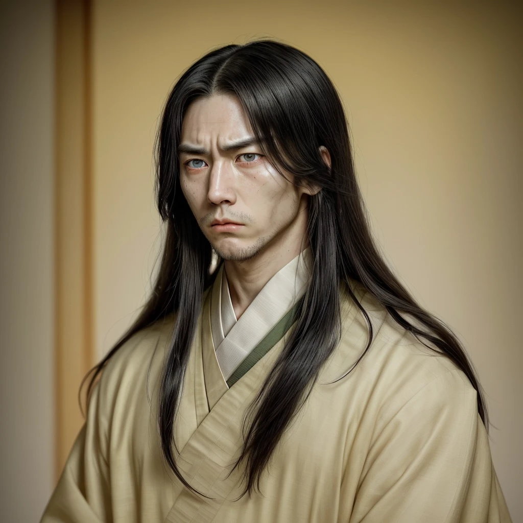 The character has long hair, smooth and black that fall over your face, partially hiding your eyes. Your eyes are different colors, with one right eye ((yellow)) and the left eye (Unripe), a detail that draws a lot of attention. His face is partially covered by (white bandages that go from the nose to the chin), leaving only your eyes and forehead showing. He wears a traditional dark Japanese uniform with a high collar., typical of a warrior or samurai. His expression is serious and focused, conveying an air of mystery and determination.