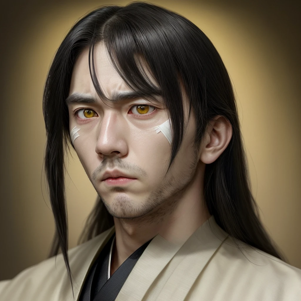 The character has long hair, smooth and black that fall over your face, partially hiding your eyes. Your eyes are different colors, with one right eye ((yellow)) and the left eye (Unripe), a detail that draws a lot of attention. His face is partially covered by (white bandages that go from the nose to the chin), leaving only your eyes and forehead showing. He wears a traditional dark Japanese uniform with a high collar., typical of a warrior or samurai. His expression is serious and focused, conveying an air of mystery and determination.