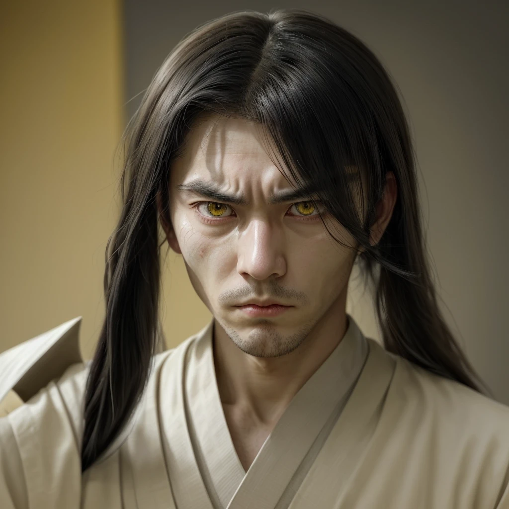 The character has long hair, smooth and black that fall over your face, partially hiding your eyes. Your eyes are different colors, with one right eye ((yellow)) and the left eye (Unripe), a detail that draws a lot of attention. His face is partially covered by (white bandages that go from the nose to the chin), leaving only your eyes and forehead showing. He wears a traditional dark Japanese uniform with a high collar., typical of a warrior or samurai. His expression is serious and focused, conveying an air of mystery and determination.