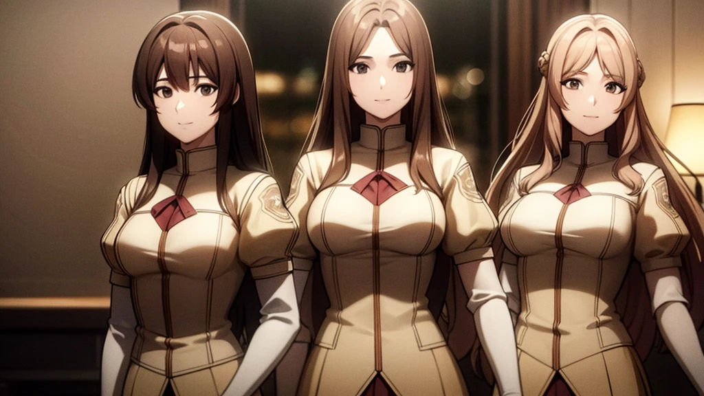 a masterpiece photo of 3 beautiful brunette sisters with long fuzzy hair, peach-brown haired sisters, different hair colors, matching hairstyles, hazel eyes, big And round bust, matching uniforms, smiling, flat color, same height, organized pose, back to back, best quality, 4k, 8k, highres, masterpiece:1.2, ultra-detailed, realistic, photorealistic, photo-realistic:1.37, HDR, UHD, studio lighting, ultra-fine painting, sharp focus, physically-based rendering, extreme detail description, professional, vivid colors, bokeh