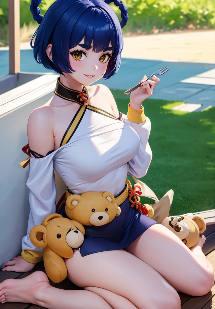 Masterpiece, Best Quality, 1 girl, looking at the viewer, sitting, White background, Xiangling (Genshin Impact), blue hair, short hair, plush toy, sideways, barefoot, hair ornament, breasts, Stuffed animal, alone, parted lips, fringe, bare shoulders, yellow eyes, shirt, looking to the side, Wariza, shirt blanca, breasts pequeños, Fork, bare shoulders, holding up, thick eyebrows, bare legs, fringe romo, SMILE, Teddy bear, long sleeves, Brown eyes, open clothing, braid, Alternative costume, outdated, camialone, tight