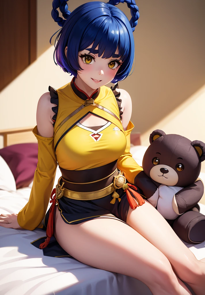 Masterpiece, Best Quality, 1 girl, looking at the viewer, sitting, White background, Xiangling (Genshin Impact), blue hair, short hair, plush toy, sideways, barefoot, hair ornament, breasts, Stuffed animal, alone, parted lips, fringe, bare shoulders, yellow eyes, shirt, looking to the side, Wariza, shirt blanca, breasts pequeños, Fork, bare shoulders, holding up, thick eyebrows, bare legs, fringe romo, SMILE, Teddy bear, long sleeves, Brown eyes, open clothing, braid, Alternative costume, outdated, camialone, tight