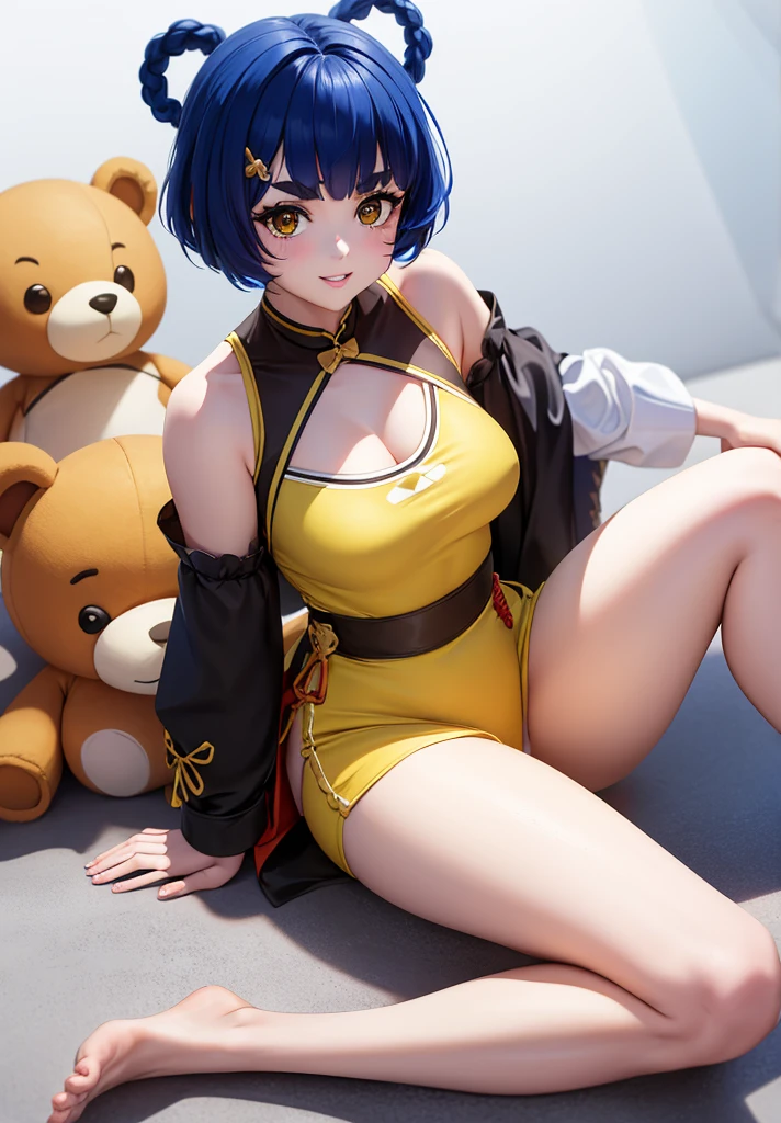 Masterpiece, Best Quality, 1 girl, looking at the viewer, sitting, White background, Xiangling (Genshin Impact), blue hair, short hair, plush toy, sideways, barefoot, hair ornament, breasts, Stuffed animal, alone, parted lips, fringe, bare shoulders, yellow eyes, shirt, looking to the side, Wariza, shirt blanca, breasts pequeños, Fork, bare shoulders, holding up, thick eyebrows, bare legs, fringe romo, SMILE, Teddy bear, long sleeves, Brown eyes, open clothing, braid, Alternative costume, outdated, camialone, tight