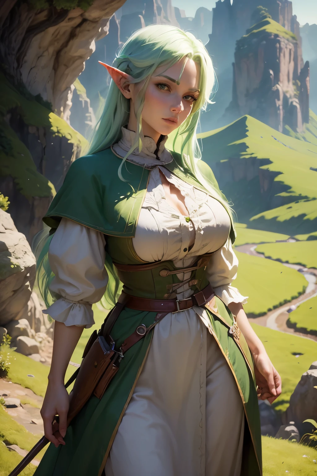((best qualityer)), ((work of art)), (detailded), 4K, hight contrast, work of art, 1 ranger elfo , long light green hair ,in the background magnificent valley ,similar to the works of JRR Tolkien, clear lighting, detailed shadows