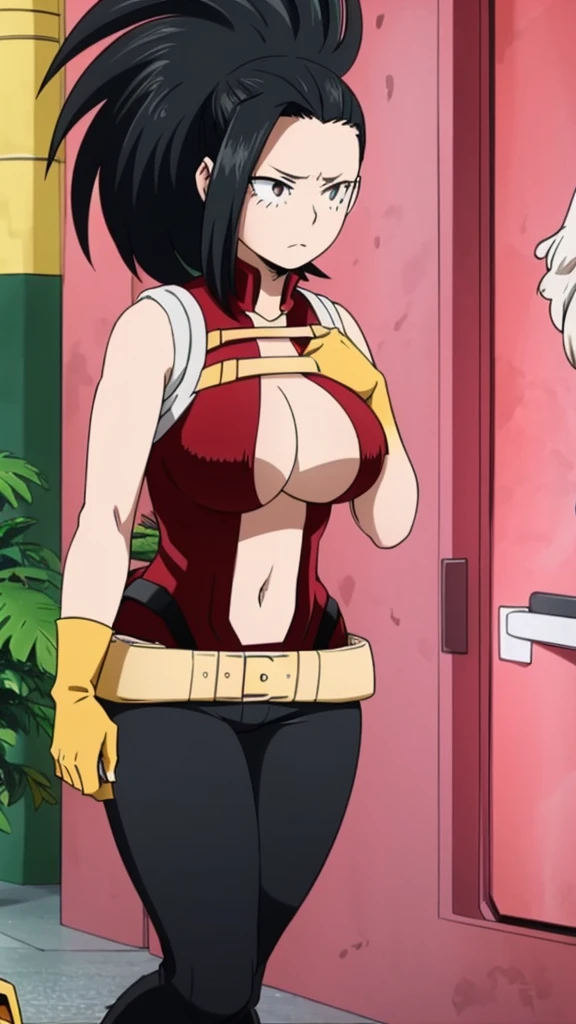 An emo girl shy nervous afraid dumb quiet sexy cute beautiful beautiful big breast long wavy black hair her pink eye she wears a red corset under a black vest shows her navel and a metallic black pants yellow boot long yellow metal gloves