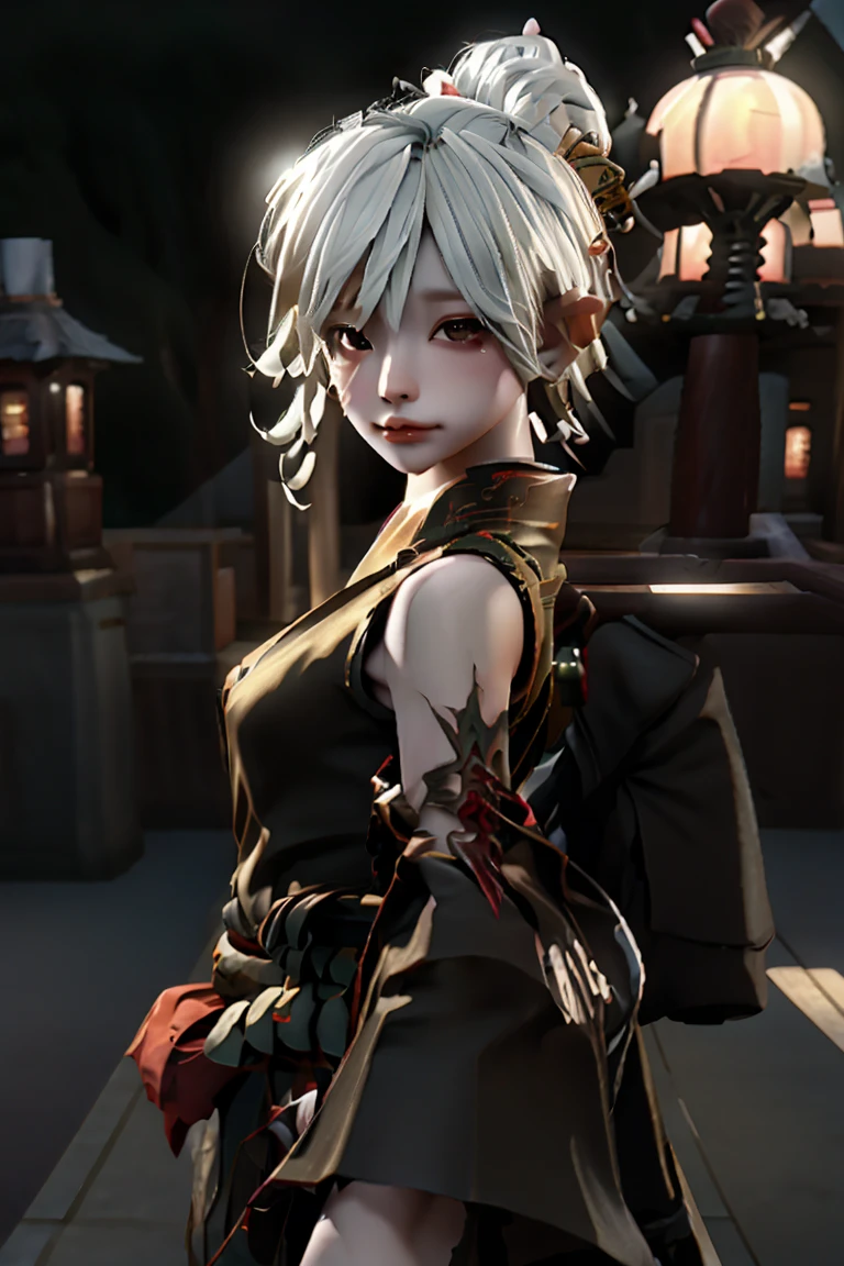 A Japanese-style female character with short yellow hair, wearing a black outfit and a yellow Japanese-style cloak, holding a katana, amidst a city at night with numerous golden lightning bolts, golden light, striking lightning, and golden yellow sparkles.