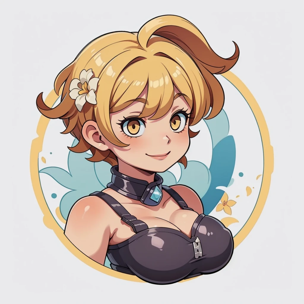 ((1girl, lumine, blonde hair, flower on hair, white background)), upper body, anatomically correct, short hair, chibi, simple background, smile, cleavage,