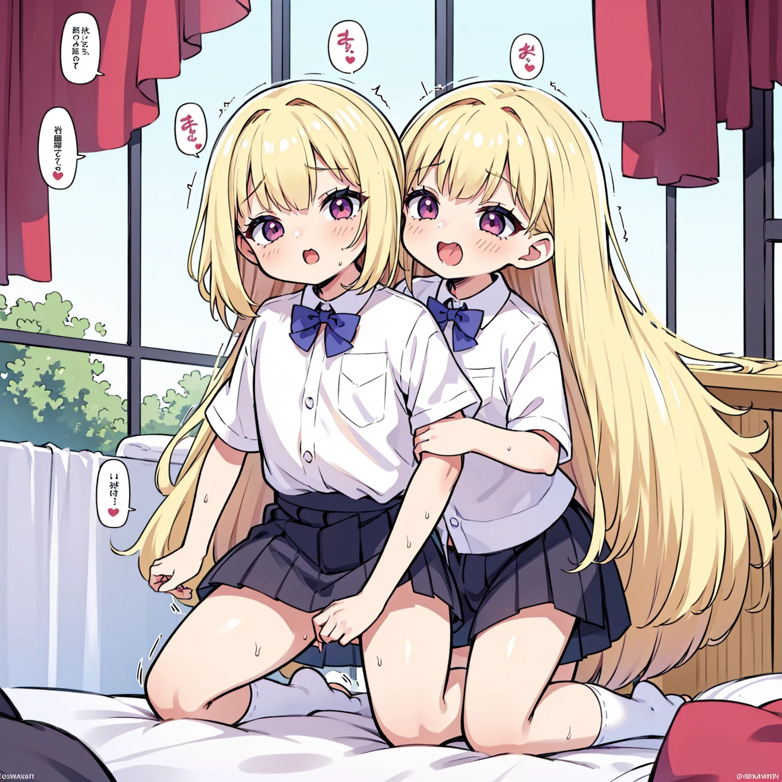 masterpiece, Highest quality, so beautiful, absurdes,High resolution,One girl, (((One littleboy))),Cuddling in bed, like,sexly,Look at each one, blush,Age difference,bow tie,bionde,chest,pleated skirt,Tucked in shirt,Tent shirt,just good,NSFW,((Boys smaller than girls,Boy is smaller than women)),((sex,physique difference,Sex Education,NSFW)),female masturbation,ecstasy