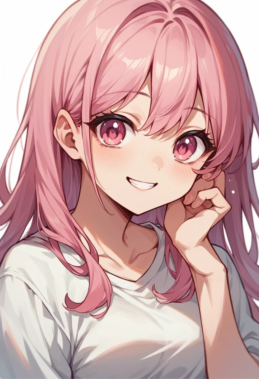Highest quality、Super detailed、Pink hair and pink eyes、1 smiling cute anime girl