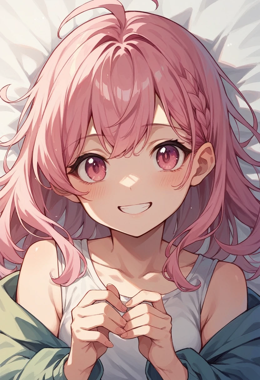 Highest quality、Super detailed、Pink hair and pink eyes、1 smiling cute anime girl