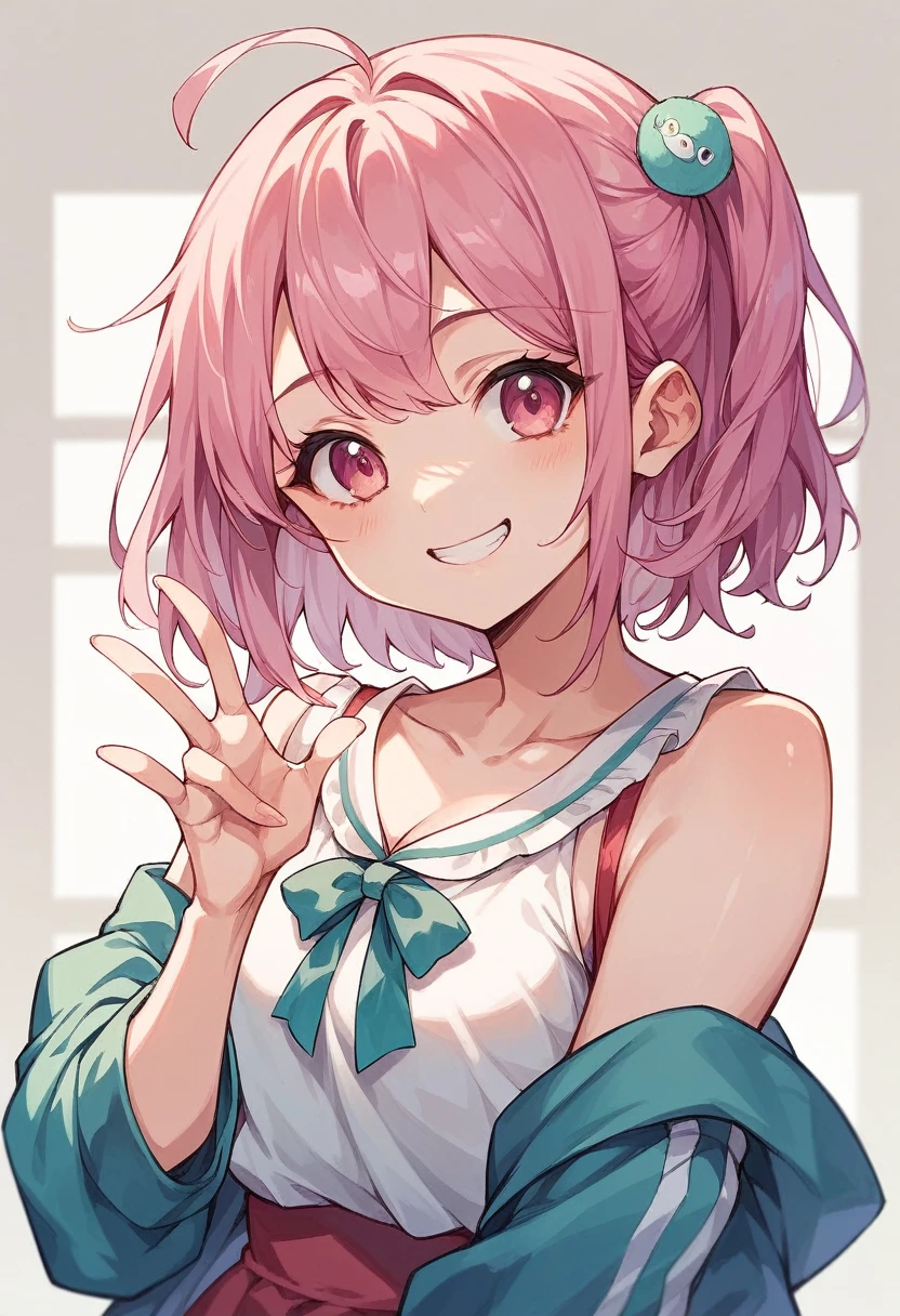 Highest quality、Super detailed、Pink hair and pink eyes、1 smiling cute anime girl